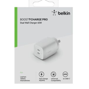 Belkin BoostCharge Pro Dual USB-C GaN Wall/Laptop Charger with PPS 65W - White(WCH013auWH),1*USB-C(45-65W),1*USB-C(20-65W),Compact,Fast  Travel Ready