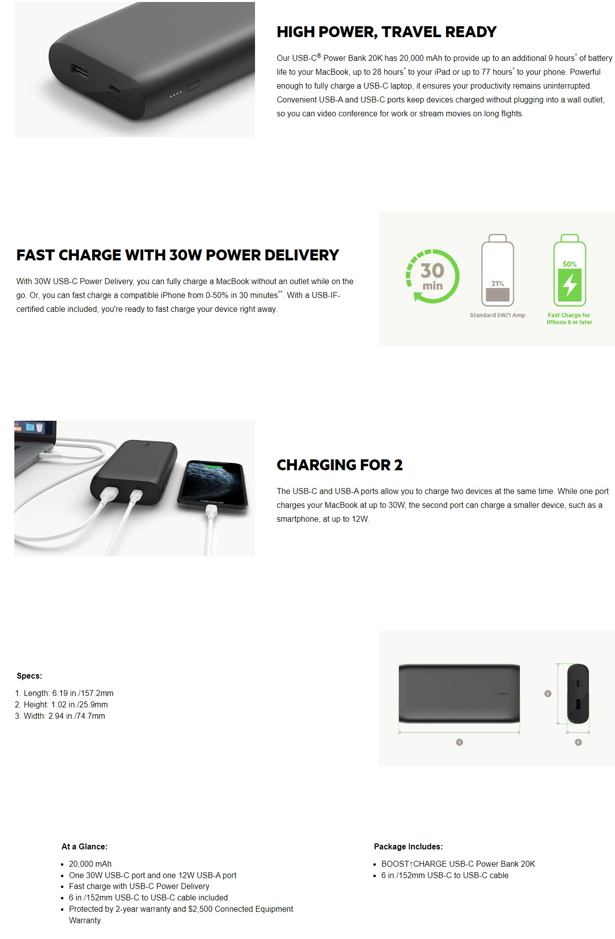 Belkin BoostCharge USB-C PD Power Bank 20K - White (BPB002btWT), 6 in. USB-C to USB-C cable included,Dual Port with 30W USB-C PD