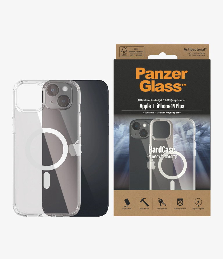 PanzerGlass Apple iPhone 14 Plus HardCase MagSafe Compatible - Clear(0411), 3 x Military Grade Standard, MagSafe Compatible, Scratch Resistant, 2YR