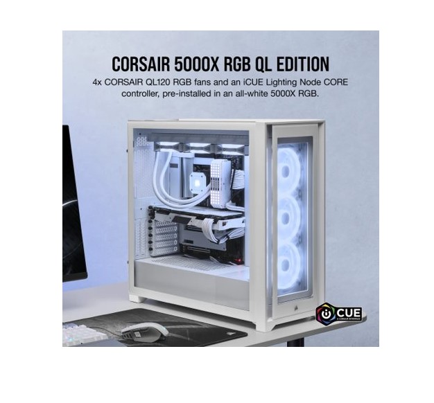 CORSAIR iCUE 5000X RGB QL Edition, ATX, E-ATX,USB Type-C, 3x 360mm LC, 4x pre-installed QL120 ARGB fans  Lighting Node CORE, All White Case (LS)
