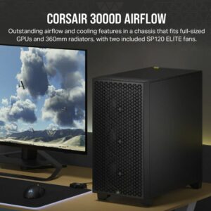 Corsair Carbide Series 3000D Solid Steel Front ATX Tempered Glass Black, 2x 120mm Fans pre-installed. USB 3.0 x 2, Audio I/O. Case