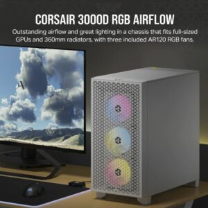Corsair Carbide Series 3000D RGB Solid Steel Front ATX Tempered Glass White, 3x AR120 RGB Fans  Adapter pre-installed. USB 3.0 x 2, Audio I/O. Case