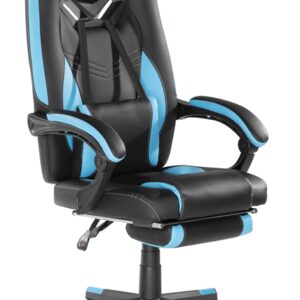Brateck Premium PU Gaming Chair with Lumbar Support and Retractable Footrest (63x71x119~129cm) up to 150kg-PU Leather,PVC Leather-Black-Blue (LS)