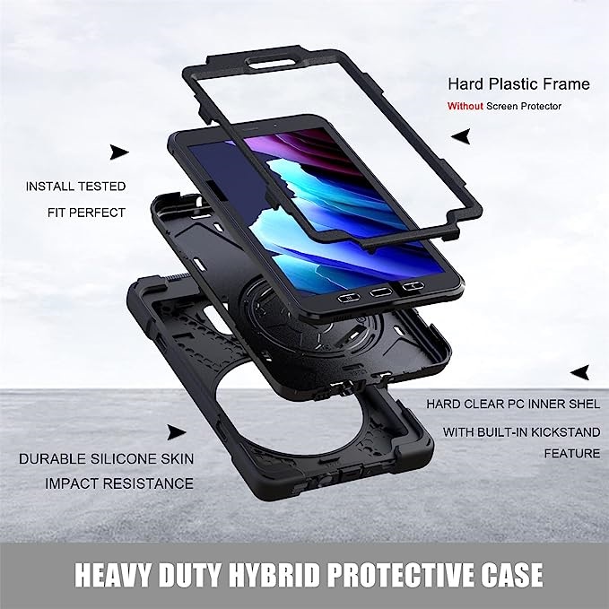 Pisen Rugged Samsung Galaxy Tab Active3 (8") Case Black - Built-in-Kickstand, Adjustable Hand Strap, Shoulder Strap, Pen Holder, DropProof