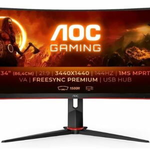AOC 34" 3K Gaming 1ms 144hz, 130mm Height Adjustable Stand. FreeSync Premium, 3-sided Frameless Gaming Monitor (LS)