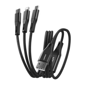Pisen Braided 3-in-1 USB-A to Lightning + USB-C + Micro-USB Cable (1.5M) - Black, 3A/15W, Aluminum Alloy, Wear-Resistant, Faster Charging Speeds
