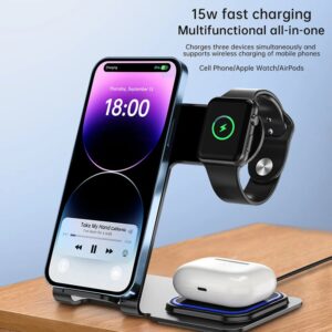 Pisen 3-in-1 Wireless Charging Station 15W Aluminum Alloy - Black, Non-Slip, Save  Faster Charger,Portable,LED Charging Status,Include Charging Cable