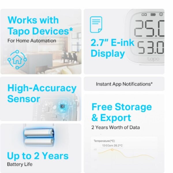 TP-Link Tapo Smart Temperature  Humidity Monitor, Real-Time  Accurate, E-ink Display, Free Data Storage  Visual Graphs,