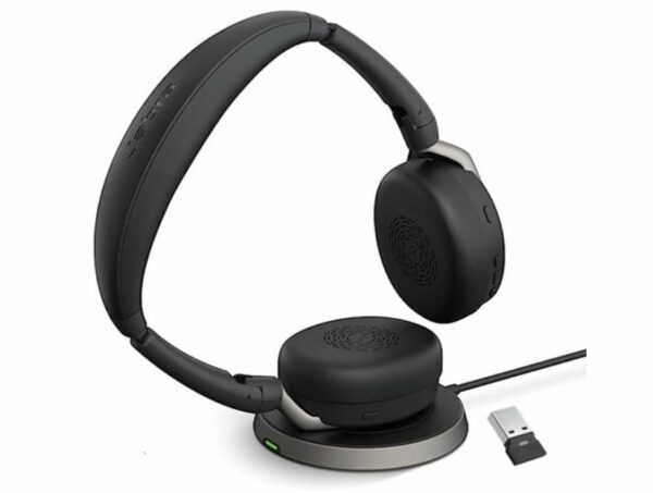 Jabra Evolve2 65 Flex UC Stereo Bluetooth Headset, Link380a USB-A Dongle  Wireless Charging Stand Included, Foldable Design, 2Yr Warranty