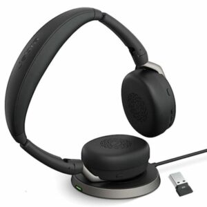 Jabra Evolve2 65 Flex MS Stereo Bluetooth Headset, Link380a USB-A Dongle  Wireless Charging Stand Included, Foldable Design, 2Yr Warranty