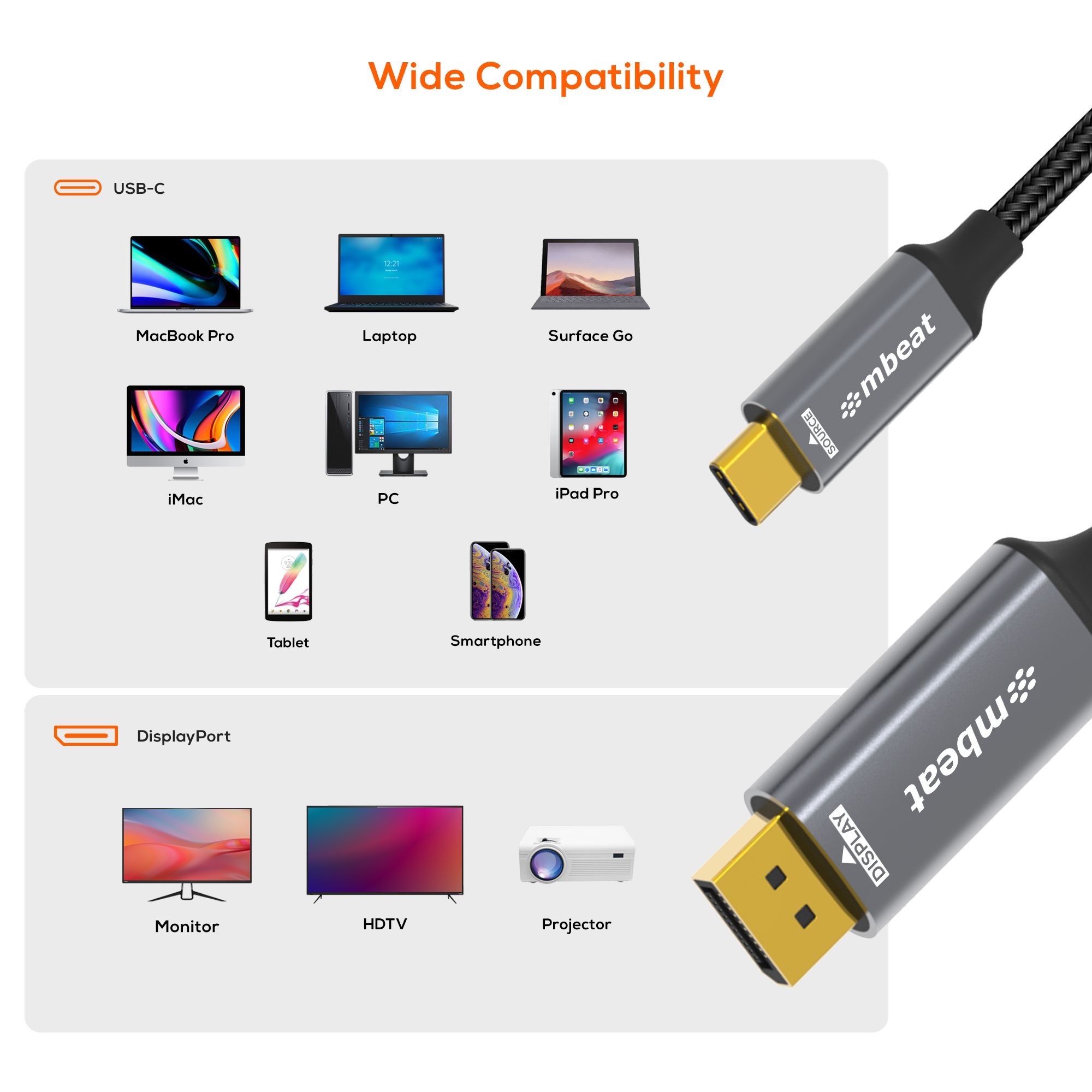mbeat Tough Link 8K 1.8m USB-C to DisplayPort Cable  Up to 8K@60Hz (7680×4320) USB-C Version: 3.2 Gen 2