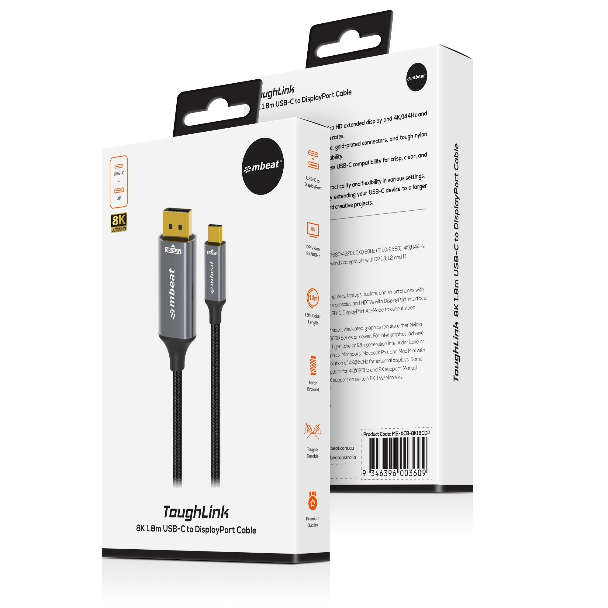 mbeat Tough Link 8K 1.8m USB-C to DisplayPort Cable  Up to 8K@60Hz (7680×4320) USB-C Version: 3.2 Gen 2