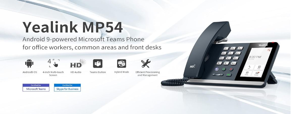 Yealink MP54 Microsoft Teams Android 9.0 Phone, 4″ Colour Touch Screen, HD Audio, Dual Gig Ports, Hybrid Mode