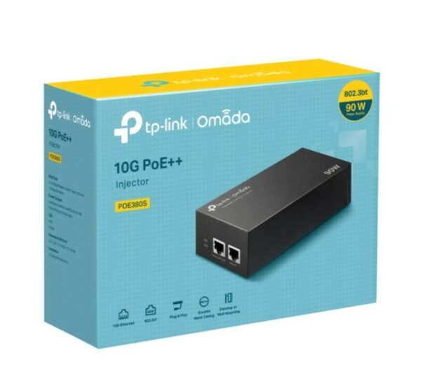 TP-Link POE380S Omada 10G PoE++ Injector PORT: 1× 10Gbps PoE Port, 1× 10Gbps Non-PoE Port, SPEC: 802.3bt/at/af Compliant, 90 W PoE Power, Data and Pow