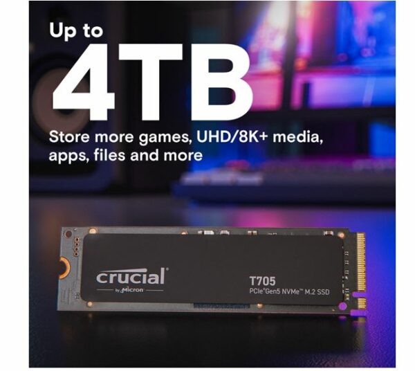 Crucial T705 2TB Gen5 NVMe SSD - 14500/12700 MB/s R/W 1200TBW 1550K IOPs 1.5M hrs MTTF DirectStorage for Intel 14th Gen  AMD Ryzen 7000