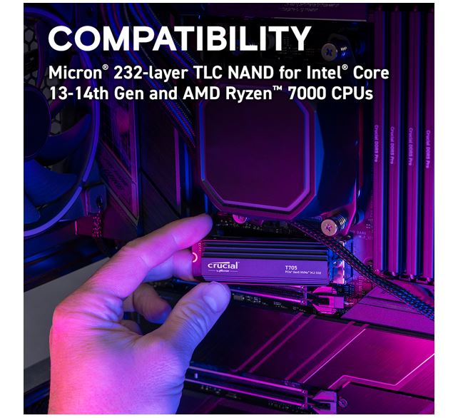Crucial T705 2TB Gen5 NVMe SSD Heatsink – 14500/12700 MB/s R/W 1200TBW 1550K IOPs 1.5M hrs MTTF DirectStorage for Intel 14th Gen  AMD Ryzen 7000