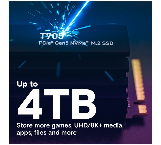 Crucial T705 2TB Gen5 NVMe SSD Heatsink – 14500/12700 MB/s R/W 1200TBW 1550K IOPs 1.5M hrs MTTF DirectStorage for Intel 14th Gen  AMD Ryzen 7000