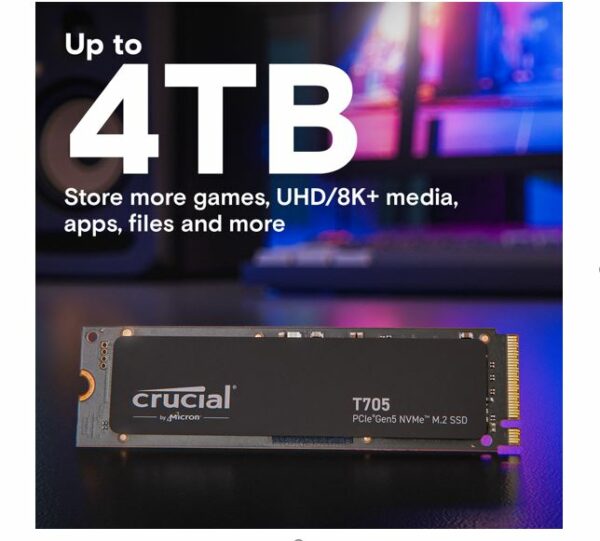 Crucial T705 4TB Gen5 NVMe SSD - 14100/12600 MB/s R/W 2400TBW 1500K IOPs 1.5M hrs MTTF DirectStorage for Intel 14th Gen  AMD Ryzen 7000