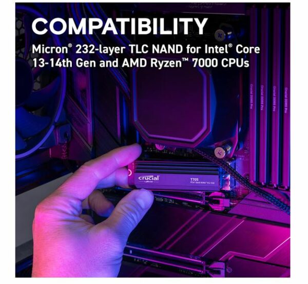 Crucial T705 4TB Gen5 NVMe SSD Heatsink - 14100/12600 MB/s R/W 2400TBW 1500K IOPs 1.5M hrs MTTF DirectStorage for Intel 14th Gen  AMD Ryzen 7000
