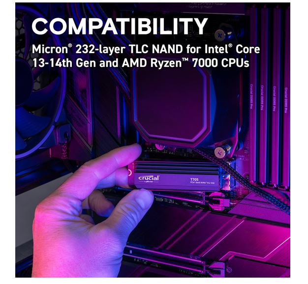 Crucial T705 4TB Gen5 NVMe SSD Heatsink – 14100/12600 MB/s R/W 2400TBW 1500K IOPs 1.5M hrs MTTF DirectStorage for Intel 14th Gen  AMD Ryzen 7000